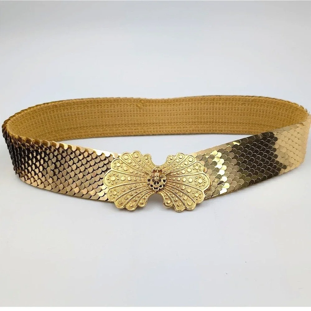 VTG Accessocraft Gold Tone Belt Fish Scale Sequins Metal‎ Ornate Buckle Etruscan